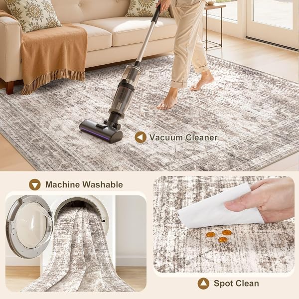 ELLIUNE WASHABLE AREA RUGS 6X9, SOFT LARGE 6X9 RUGS FOR LIVING ROOM NON-SLIP VINTAGE BROWN INDOOR CARPET STAIN RESISTANT RUGS FOR DINING ROOM BEDROOM NURSERY KID & PET FRIENDLY