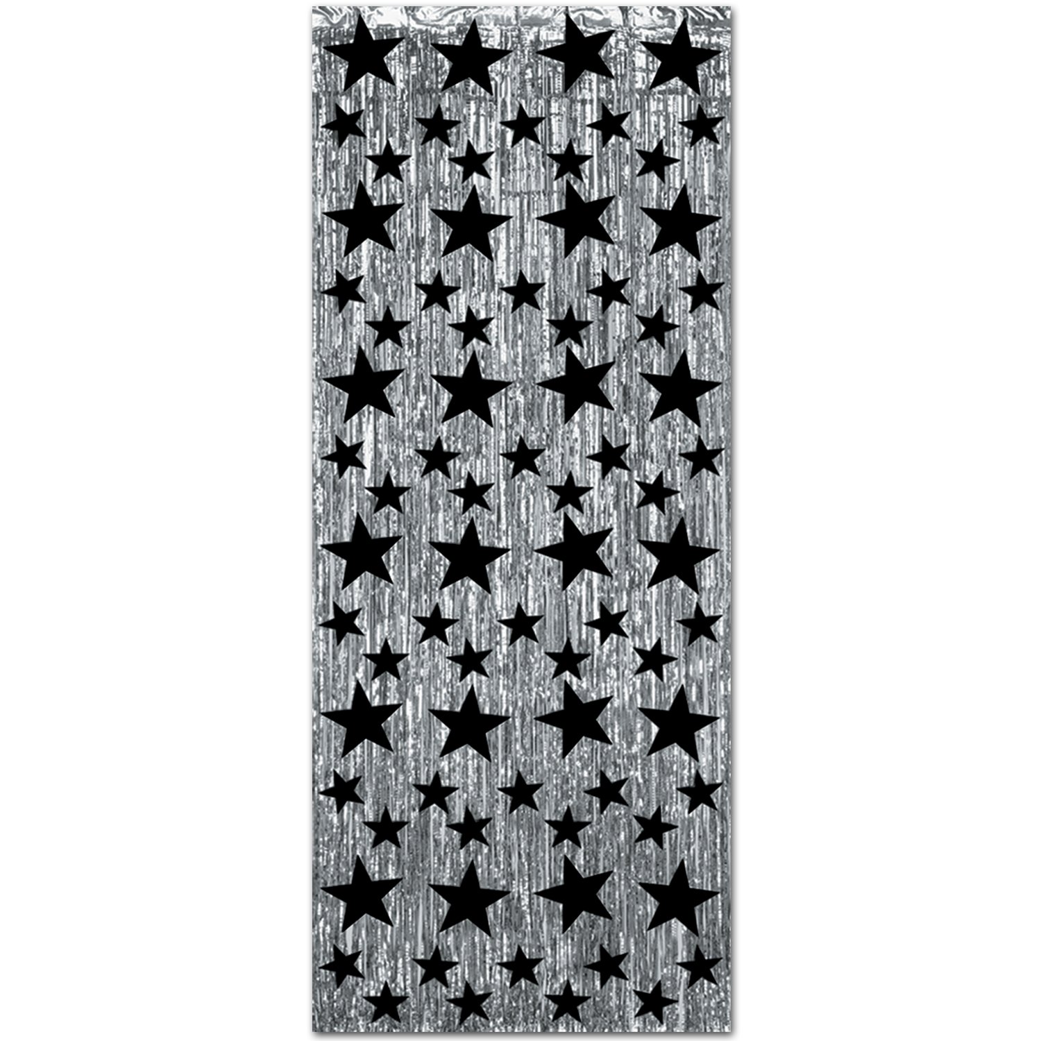 Photo 1 of 1-Ply FR Gleam 'N Curtain (silver w/prtd black stars) Party Accessory (1 count) (1/Pkg)
