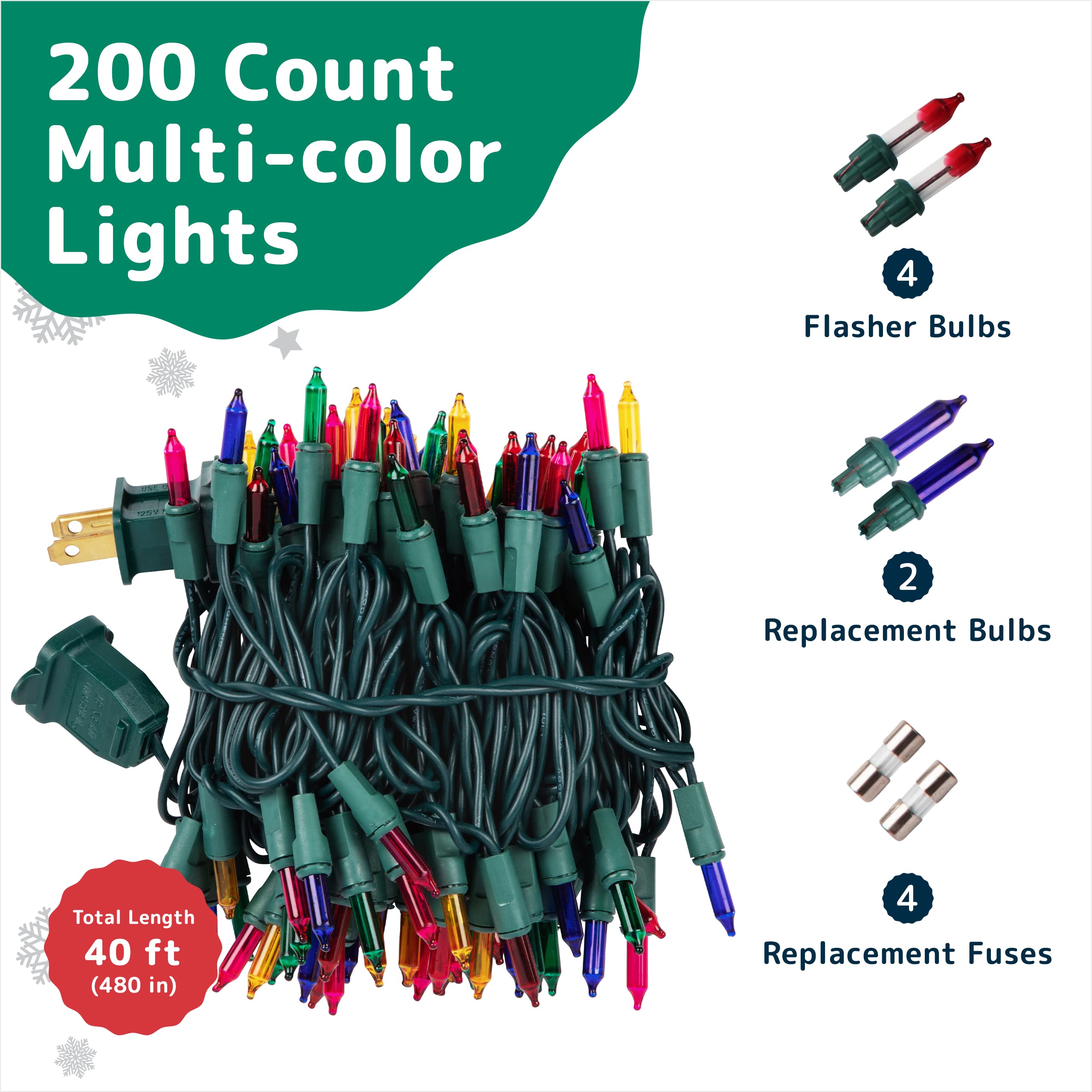 PREXTEX Multi Colored Christmas Tree Light String - Twinkle 200 Lights Mixed Color with Green Wire - 40 ft Outdoor Mardi Gras Lights for Holiday and Indoor Decorations