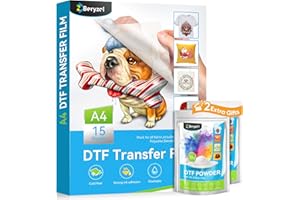 Beryzol DTF Transfer Film: A4 15 Sheets (8.3" x 11.7"), DTF Transfer Film for Sublimation & DTF Printer and 50g DTF Transfer Powder, for DIY Direct Print On T-Shirts Textile