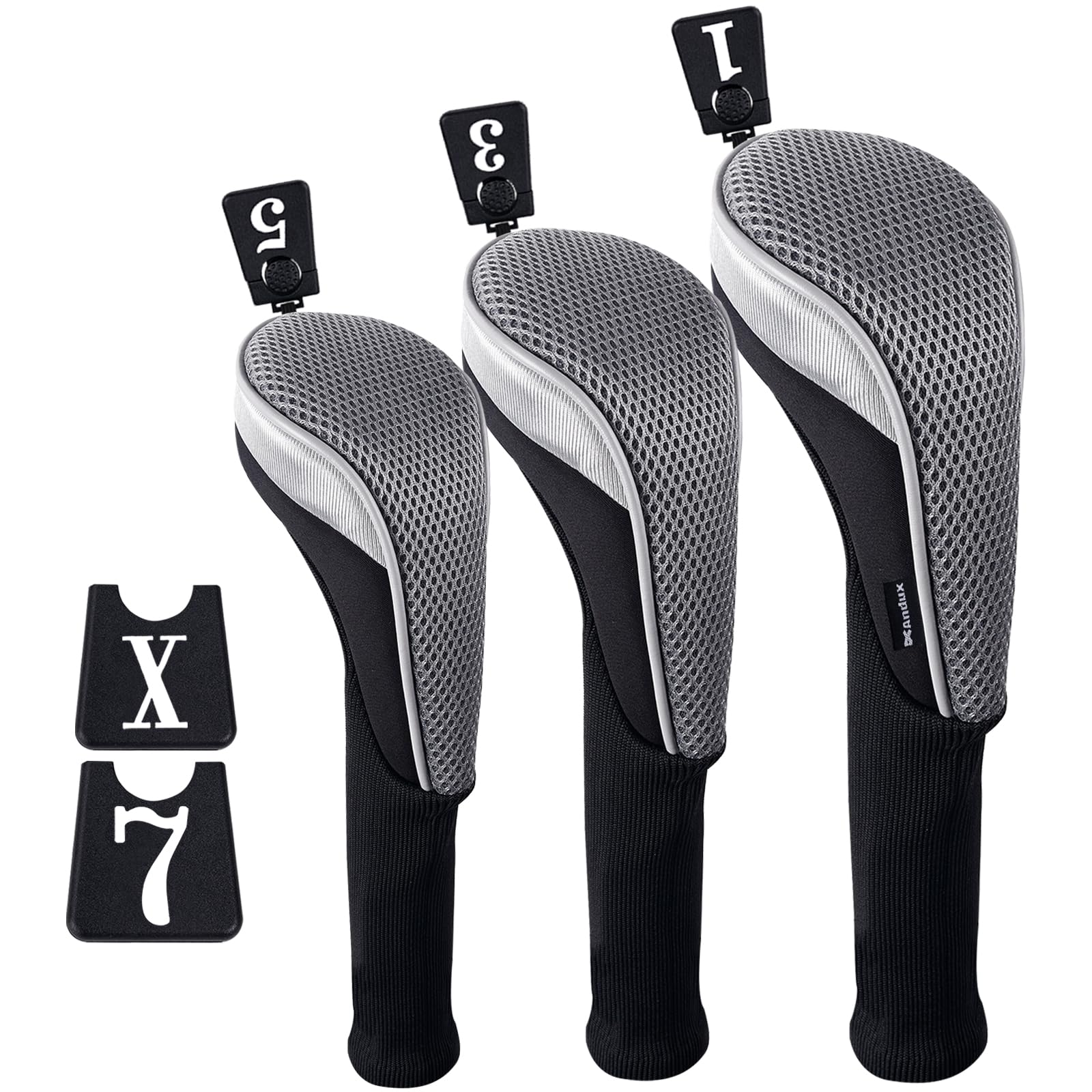 Andux 3pcs/Set Golf 460cc Driver Fairway Wood Club Head Covers Long Neck Black/Grey