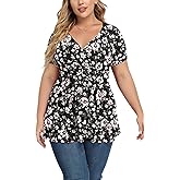 TIANZHU Women's Plus Size Dressy Tops Wrap Shirt Short Sleeve Tunic Top V Neck Low Cut Cute Blouse