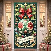 Peconal Green Christmas Ornament Ball Door Banner with Bow, 73 x 36 Inches, Christmas Hanging Wall Banner Sign Photo Booth Prop for Xmas New Year Winter Holiday Indoor Outdoor Decor Supplies