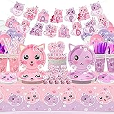 Cat Birthday Party Supplies Set, Kitten Tableware Includes Happy Birthday Banner, Plates, Tablecloth, Cups, Balloon, Spoons and Straws for Kids Cat Party Decorations, Serves 20 Guest (A)