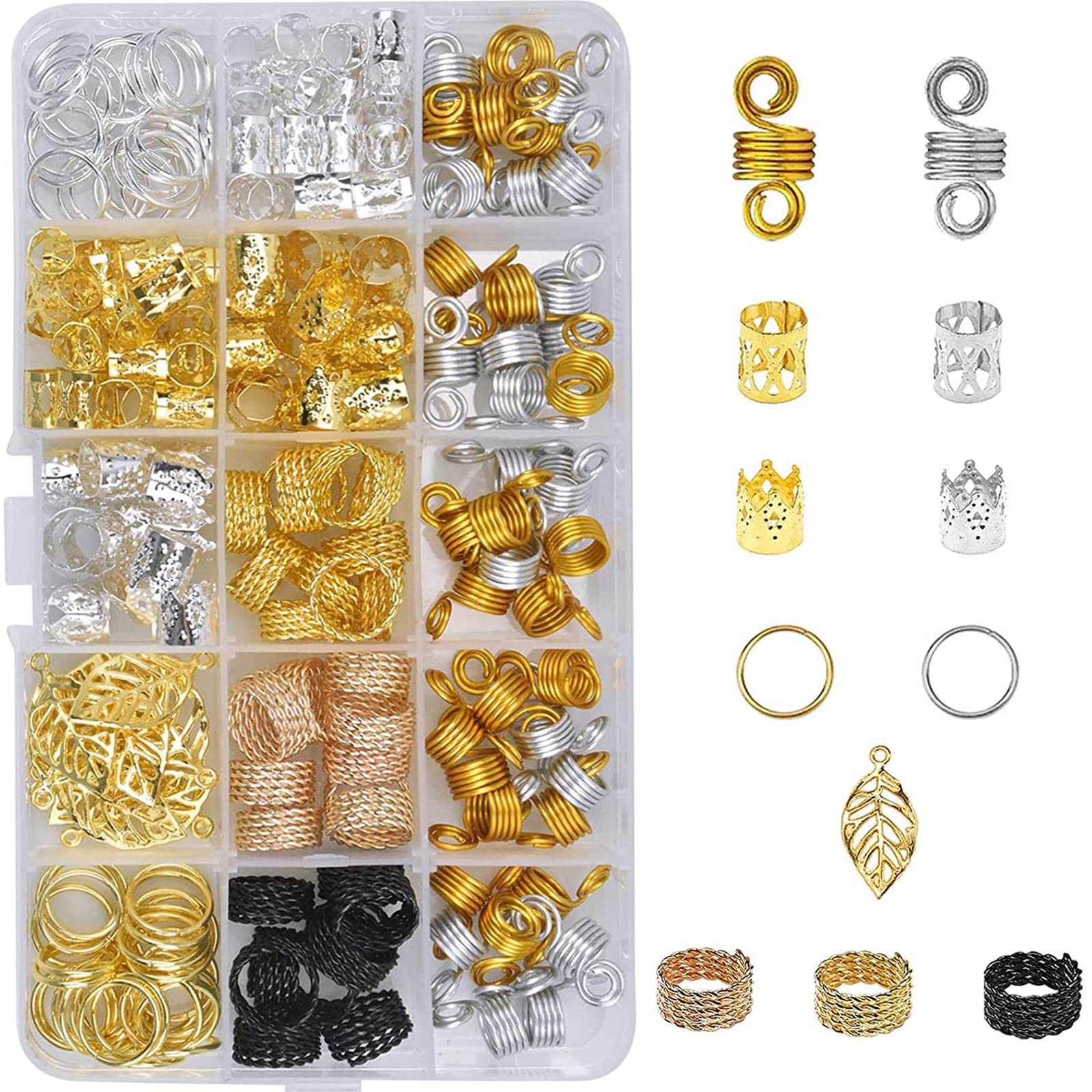 YiYFiT Hair Braid Rings Pendants, 200PCS Jewellery for Braids Decorations Aluminum Hair Coil Dreadlocks with Transparent Box