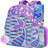 3PCS Girls Backpack, 16" Sequin Prechool Elementary Bookbag and Lunch Box