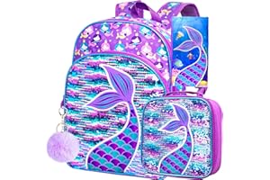 gxtvo 3PCS Girls Backpack, 16" Sequin Prechool Elementary Bookbag and Lunch Box