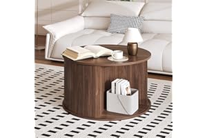 IDEALHOUSE Round Coffee Table with Storage, Fluted Panel Design Coffee Table with Curved Sliding Door and Open Display Shelf,