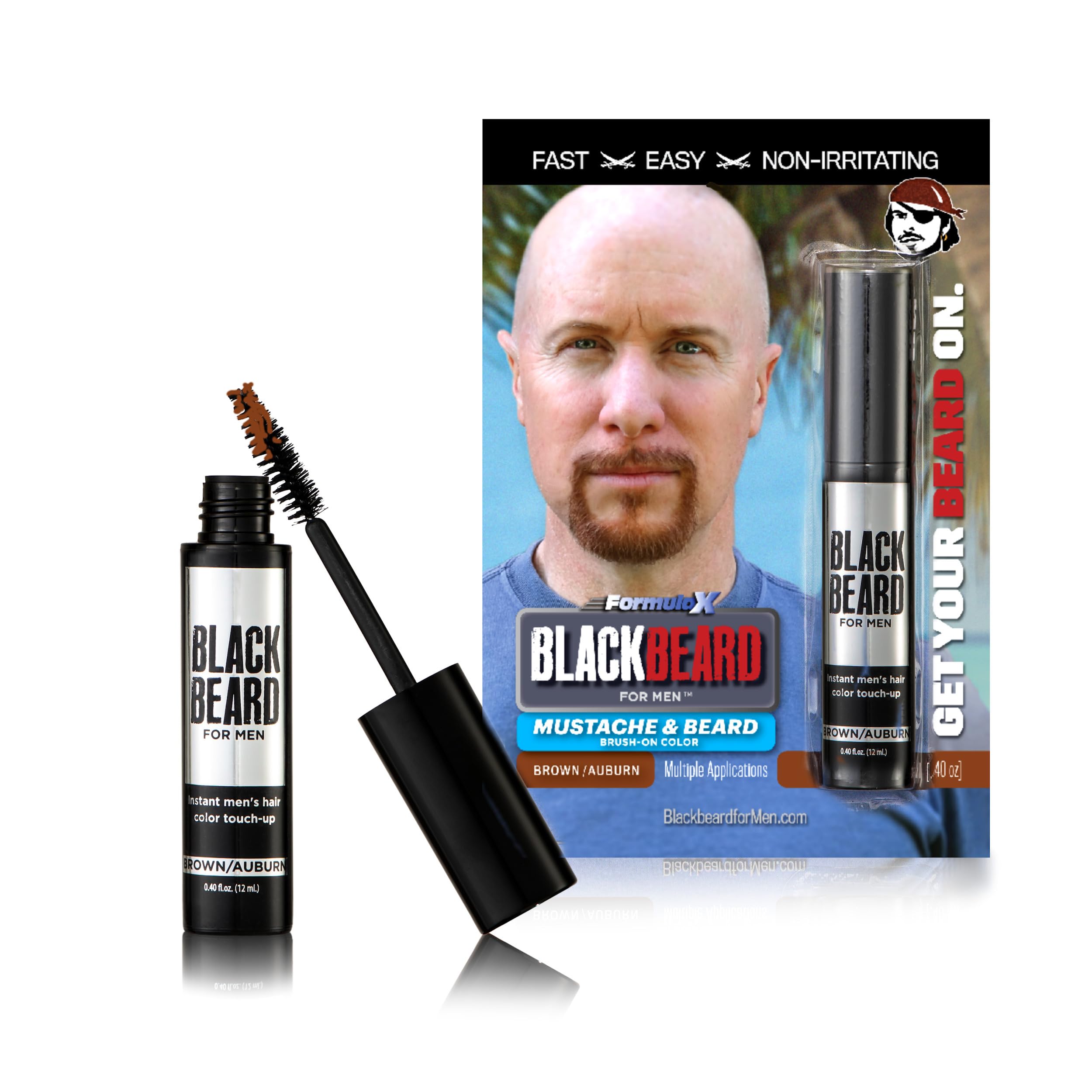 Blackbeard for Men Facial Hair Color Touch Up Brush - Temporary 1-Day Tint for Gray Coverage on Moustache, Sideburns and Brows, Waterproof Hypoallergenic Dye Alternative, Brown/Auburn, 45 Applications