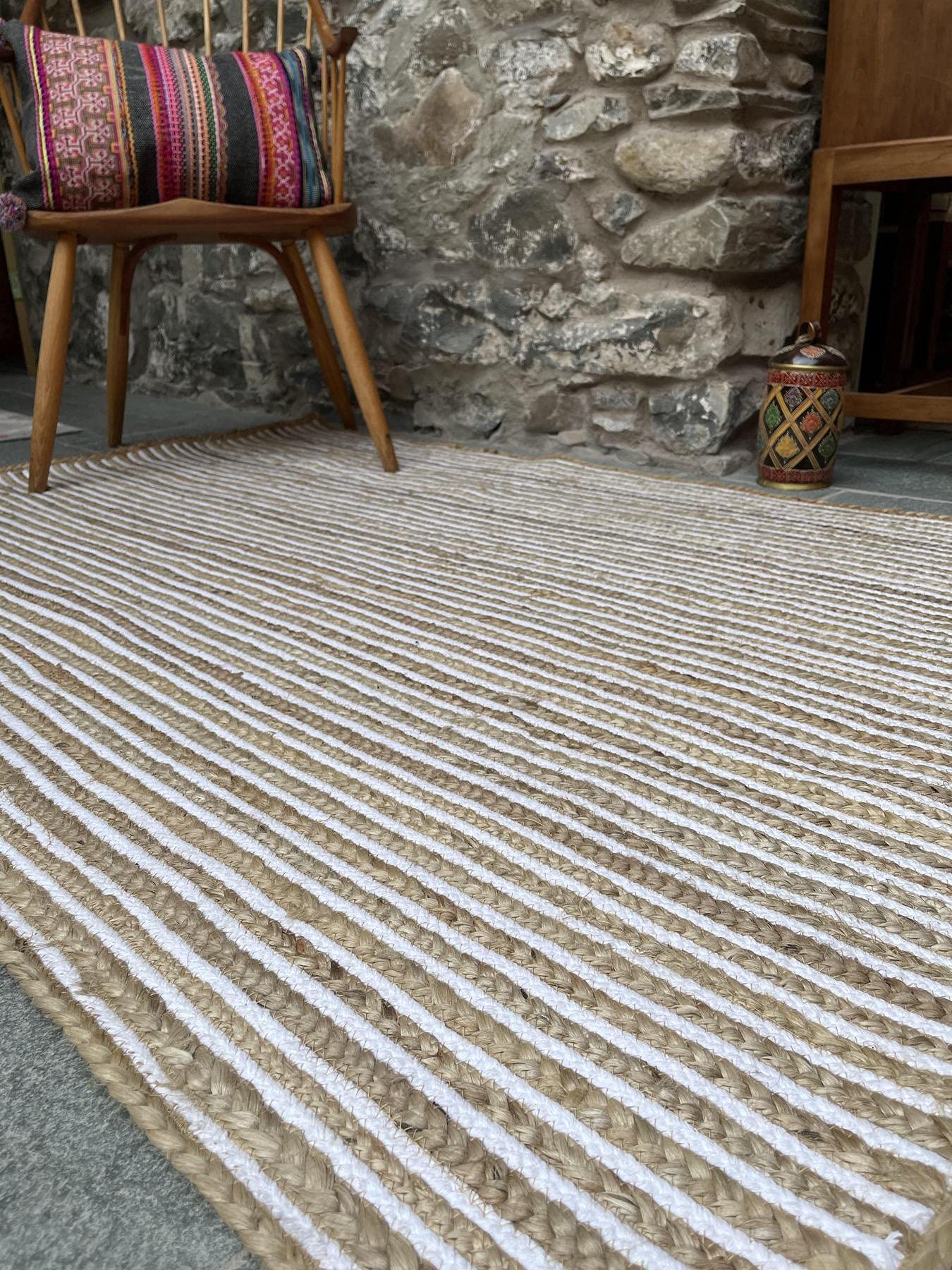 Second Nature Online CHAKKAR PALE Small Stripe Braided Jute Area Rug 60 cm x 90 cm
