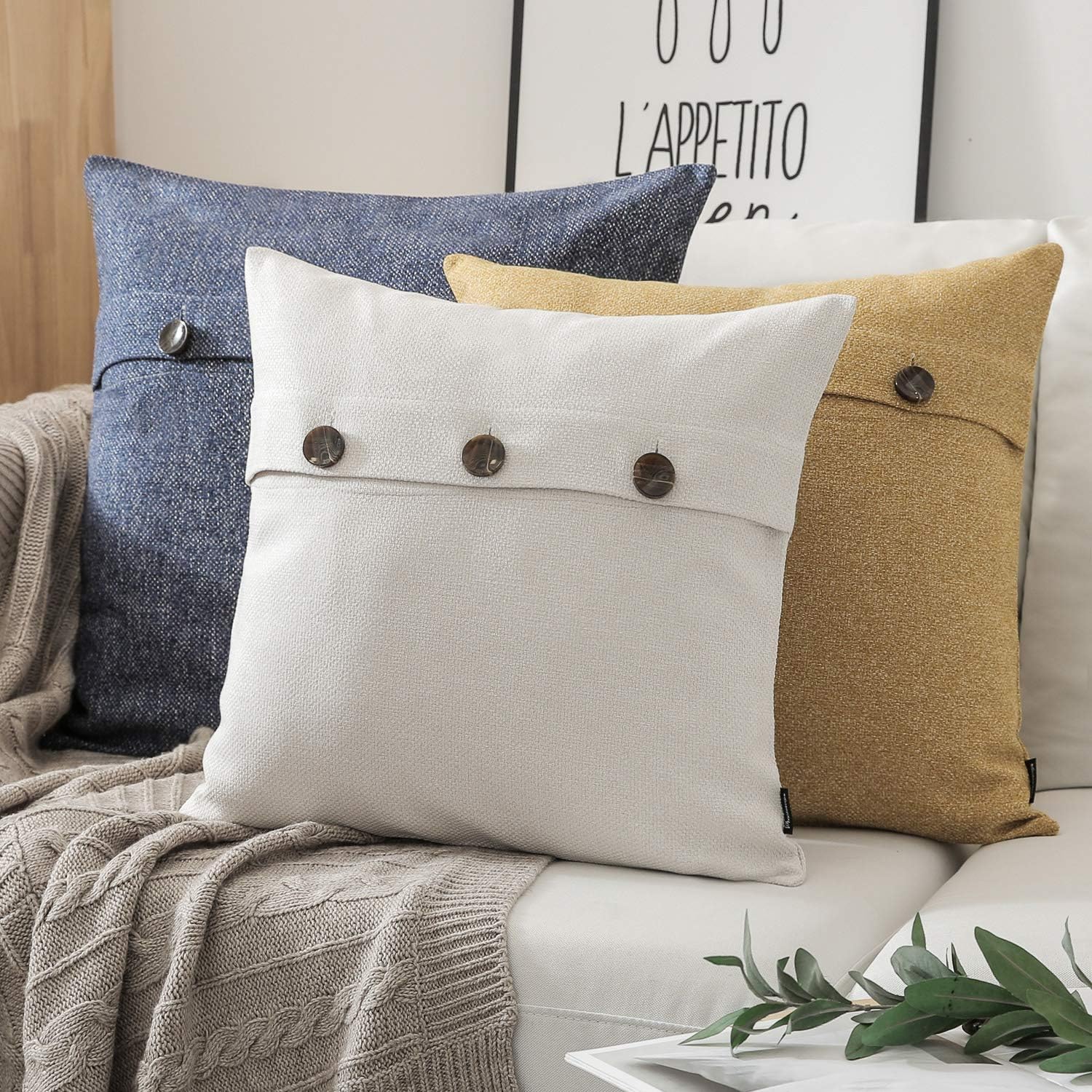 Phantoscope Farmhouse Throw Pillow Covers Triple Button Vintage Linen Decorative Pillow Cases for Couch Bed and Chair Navy Blue, 18 x 18 inches 45 x 45 cm, Pack of 2: Home & Kitchen