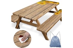Nesphy Sunflower Wooden Picnic Table Cover with Bench Covers, Rustic Summer Floral Farmhouse Outdoor Camping Essentials 6FT 3PCS Fitted Rectangle RV Must Haves Tablecloth with Drawstring Bag