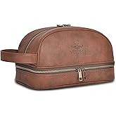 Vetell Classic Leather Men's Travel Toiletry Bag and Dopp Kit with Upper and Lower Zippered Compartments, 2 Mesh Bottle Pouches and Carrying Handle