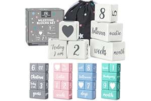 PARKWAY HOME White Baby Monthly Milestone Blocks with Bag. Baby Age Blocks for Girl or Boy Baby Photo Props and Baby Shower. Month Baby Milestone Blocks with Grammatically Correct Month and Year
