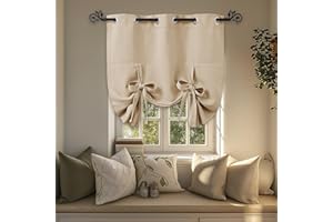 Pony Dance Kitchen Window Curtains - Short Curtains for Small Window Thermal Tie Shade for Decoration Adjustable Valance Balloon Blind for Bedroom, 42" x 45", Cream, 1 PC