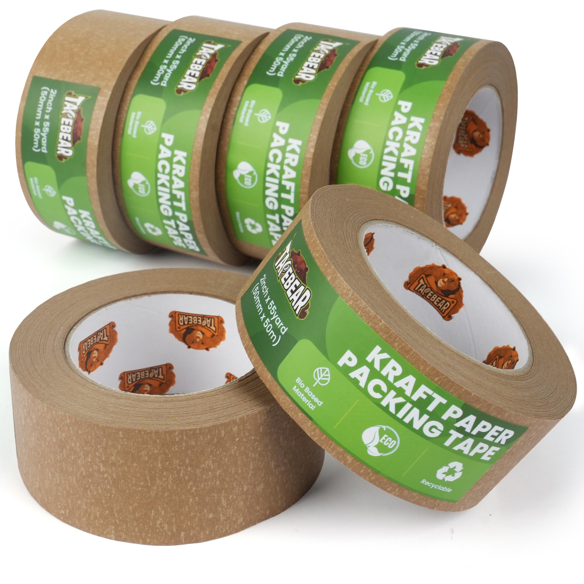 TAPEBEAR Kraft Paper Packing Tape 50mm x 50m, Eco Friendly & Recyclable Brown Paper Tape Heavy Duty Parcel Tape Biodegradable for Parcel Packaging, Moving and Multi-use, 6Rolls
