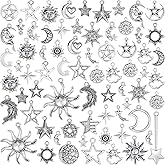 MEDIHOOL 70 Pcs Sun Moon Star Charms Pendants, Antique Silver Alloy Mixed Moon Star Sun Charms for Jewelry Making Necklace Bracelet Earring DIY Craft