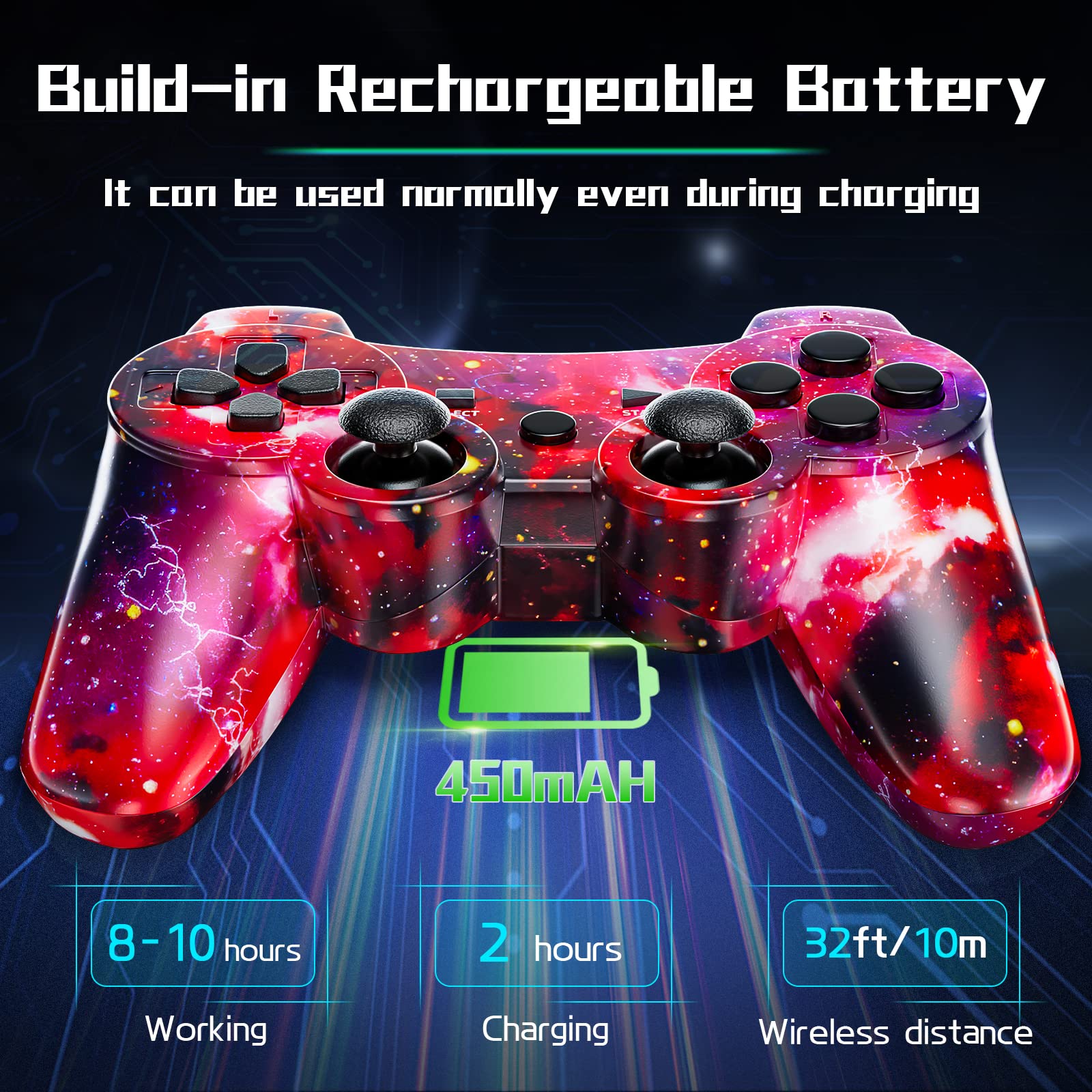 ISHAKO Controller for PS3, Wireless Controller 2 Pack for Sony PlayStation 3, Remote Control with 6-Axis High-Performance Motion Sense, Dual Vibration, 450mAh Battery with Charging Cable