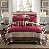 Madison Park Attingham Reversible Quilt Set - All Season Breathable Coverlet, Lightweight Cozy Bedding Layers, Matching Shams, Full/Queen(90"x90"), Red 7 Piece