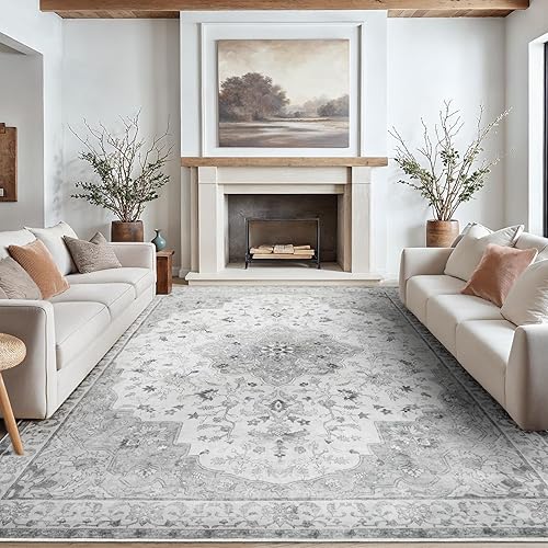 Amada 8x10 Area Rugs, Non-Slip Washable Rug with Low Profile, Durable Bound Edge, Soft Large Vintage Rug for Living Room, Bedroom, Dinning Room, Home Office