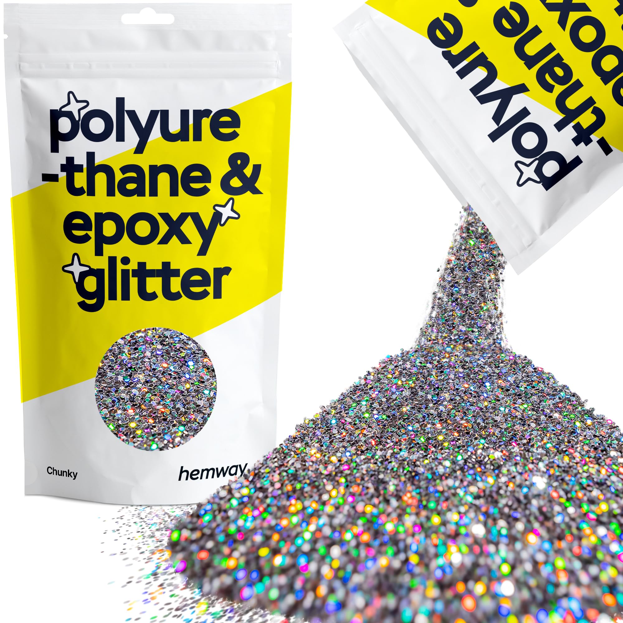 Hemway Resin Glitter Gun Metal Grey Holographic 100g Chunky | Polyurethane & Epoxy Glitter for Resin Crafts, Tumblers, Coasters, Floor & Table Art