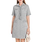 WOWULOVELY Womens Tweed Mini Dress Short Sleeve Straight Tube Front Half Zipper A-line Nubby Dress with Pockets(Black-L)