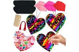 JMUQ 44Pack Valentine's Day Scratch Art Set for Kids, Heart-Shaped Rainbow Scratch Cards, Envelopes, Heart Stickers, Perfect Craft Kit for Classroom School Exchange Prizes Party Favors Creative Gifts
