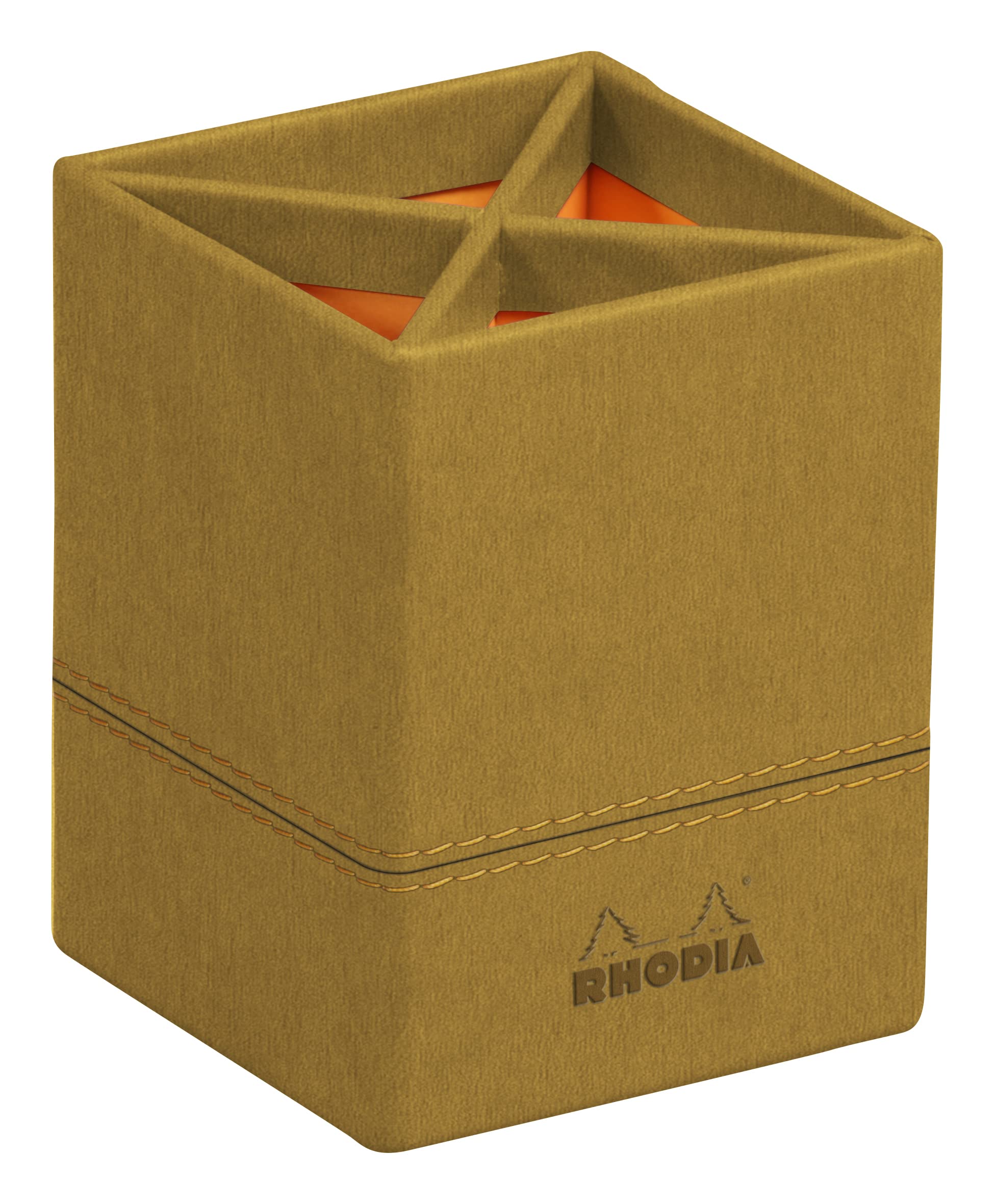 RHODIA 194522C - Gold Pencil Pot - 8x8x11 cm - Orange Saddle Stitching - Faux Leather Exterior - Home Office Collection Rhodiarama - Office Organization & Designer Storage