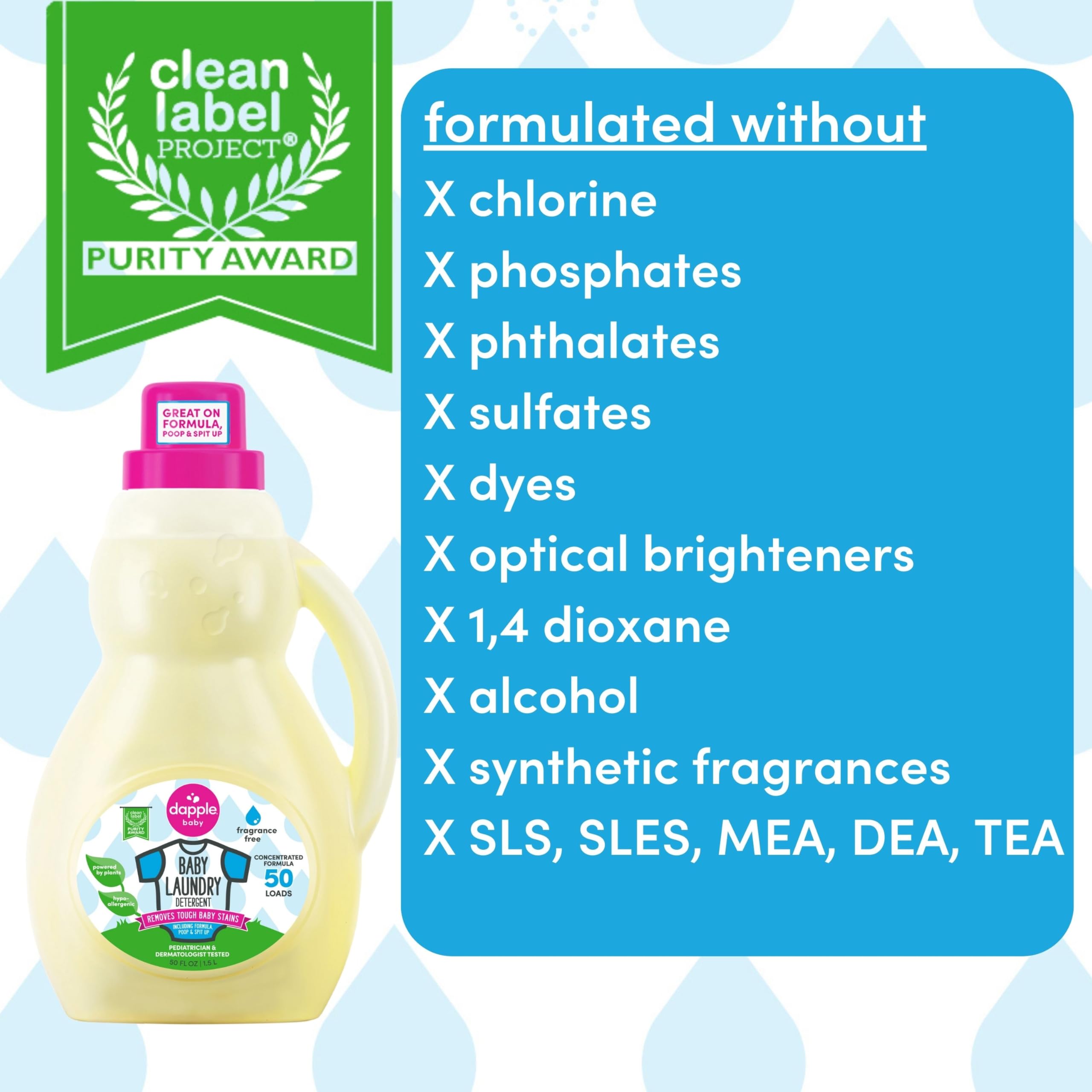 Baby Laundry Detergent by Dapple Baby, Concentrated & Hypoallergenic, Powered by Plants, Stain Removing Natural Ingredients, Fragrance Free, 50 Fl Oz (Pack of 2)