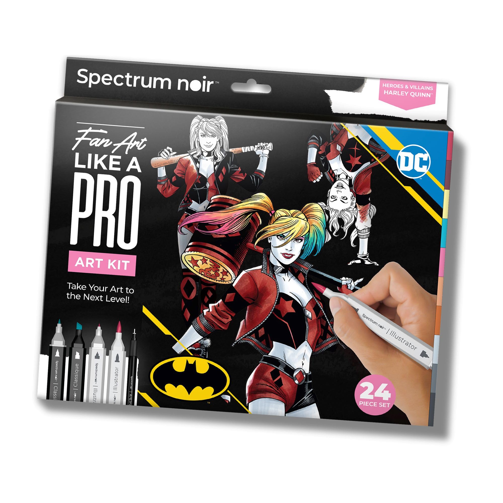 DC Comics Harley Quinn Art Colouring Set – Fan-Art Like a Pro Kit by Spectrum Noir –24 Pieces Including Premium Colouring Book, Art Markers & Liner Pens