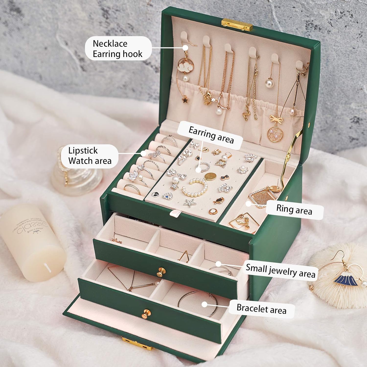 Jewelry Box for Women，jewelry organizer PU Leather 3 Laye with Drawers Large Lockable Display Jewelry Holder，for Earrings Bracelets Rings - Green: Home Improvement
