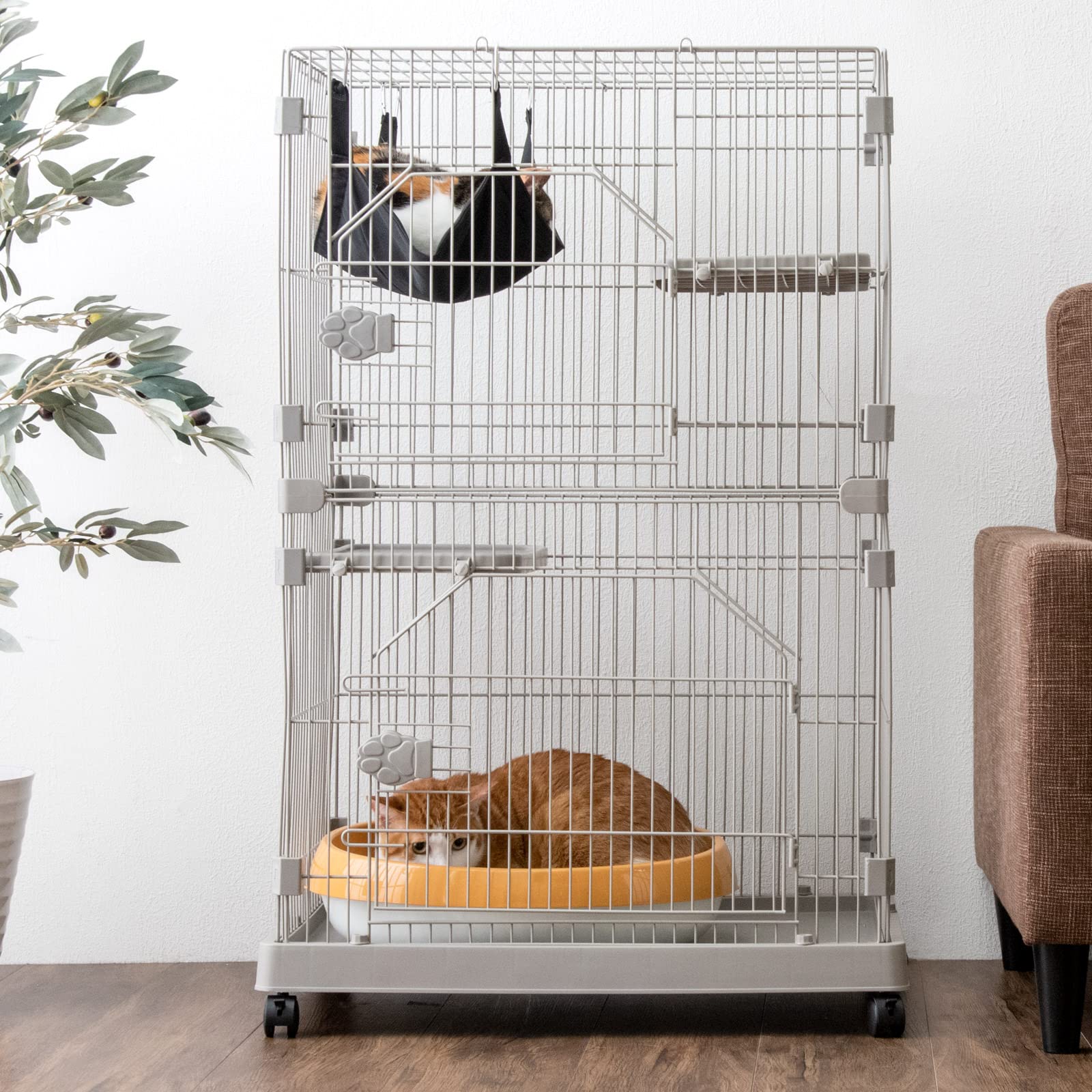 タンスのゲン 猫ケージ 2段 幅69×奥行48×高さ106cm コンパクト ハンモック キャスター付き キャットケージ 天井扉 52800007(87056)商品画像
