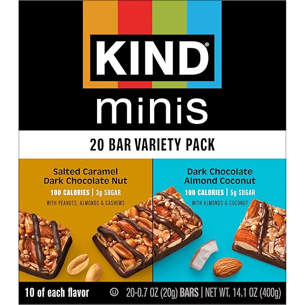 KIND MINI SNACK BARS VARIETY PACK, GLUTEN FREE, LOW SUGAR, LOW CALORIE SNACKS, SALTED CARAMEL DARK CHOCOLATE NUT, DARK CHOCOLATE ALMOND COCONUT, 20 COUNT