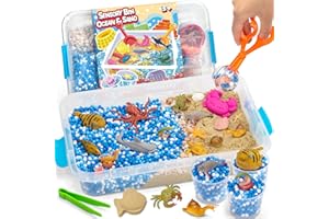 YEONHA TOYS Ocean&Sand Sensory Bin with Lid, 42 Pcs Sensory Sand Kit with Sea Animals for Kids, Birthday Christmas Gifts for Boys Girls, Preschool Learning Activities Tools Box, Outdoor Sandbox Toys for Toddlers