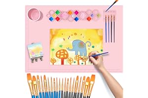 FINFINLIFE XL Silicone Paint Mat for Kid, 24"x16" Painting Station for Christmas Gift Silicone Art Mat, Silicone Mats for Crafts with Paint Brush Cleaner Tray Palettes, Painting Brushes Mini Canvas Easel (Pink)