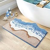 Luxury Bathroom Rug Mat, Blue Ocean Wave Bath Mat & Ultra Soft Non-Slip Beach Sand Bathroom Rug, Super Absorbent Shaggy Microfiber Carpet, Quick Dry Bathroom Mat for Bathtub Bedroom 20x31 Inch (Blue)