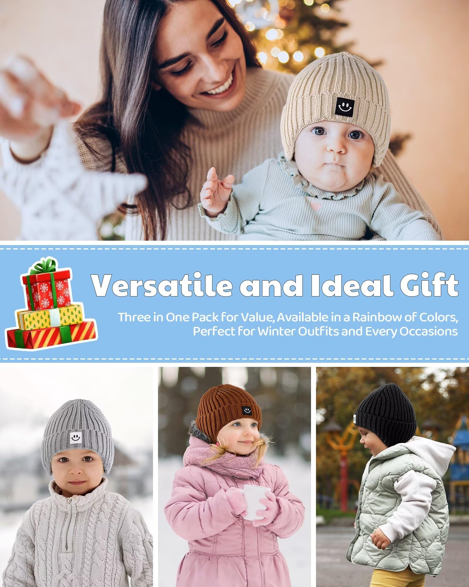 3 Pack Baby Beanie Hats with Earflaps, 2 Size Baby Winter Hat for Infant Toddler Kids, Fleece Lined Knit Hat for Girls Boys