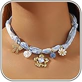 immerFancy Scarf Necklace with Charm for Women, Gold Boho Western Pink Red Blue Green Silk Bandana Stainless Steel Bow Flower Heart Charm Choker Necklaces Trendy Vintage Handmade DIY Jewelry Gift