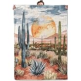 TRYYN Desert Sunset Throw Blanket for Couch Picnic Camping Outdoor Decor, Wilderness Cactus Botanical Scene Design, Super Soft Cozy Plush Fluffy Fleece Blankets Gifts for Kids Adults, 60x50 Inch