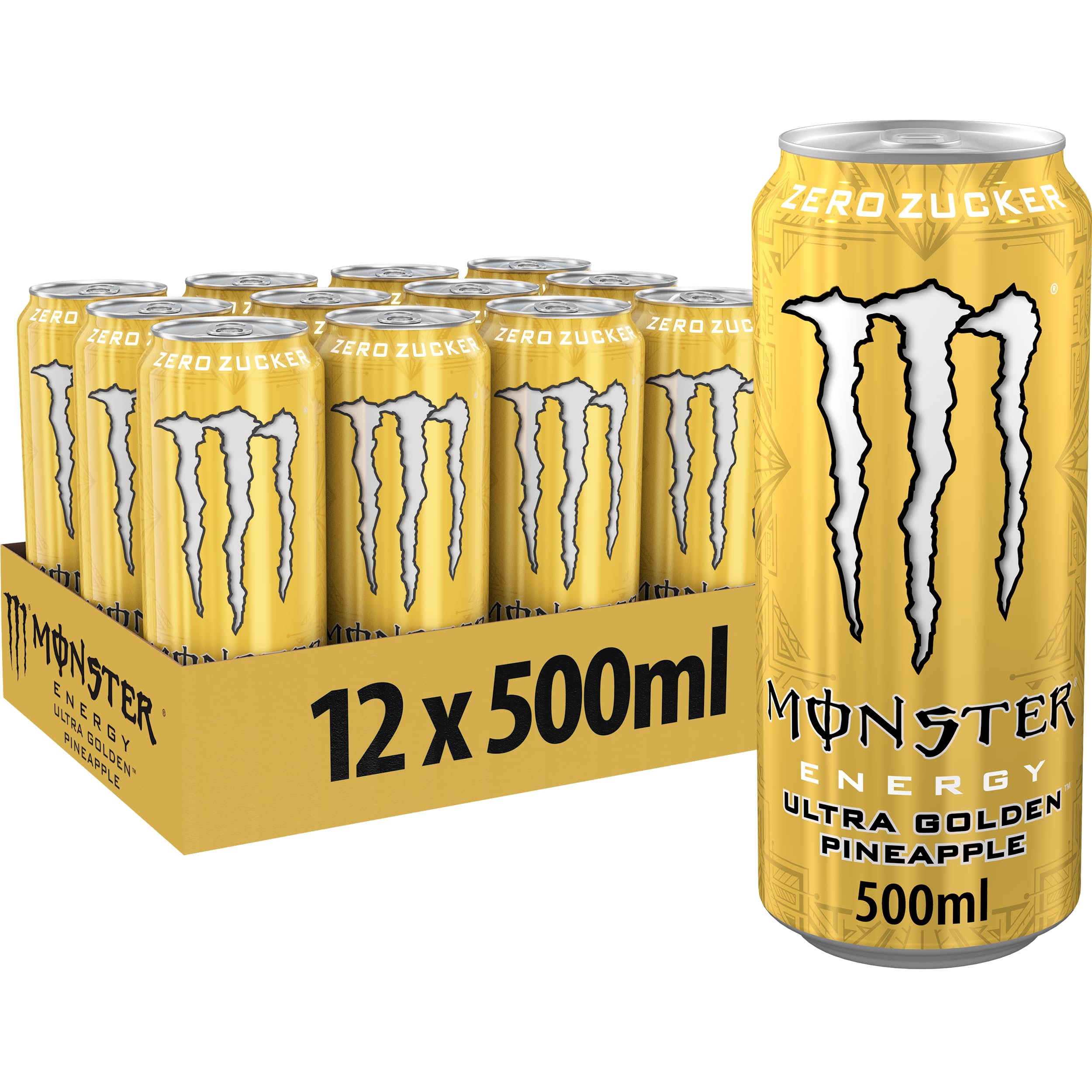 Monster Energy® Ultra Golden Pineapple - koffeinhaltiger Energy-Drink mit fruchtig-leichtem Ananas-Geschmack - full Flavour, zero Zucker, zero Kalorien - in praktischen Einweg Dosen (12 x 500 ml)
