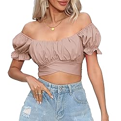 COOUFE Women's Crop Tops Ruffle Short Sleeve Tie