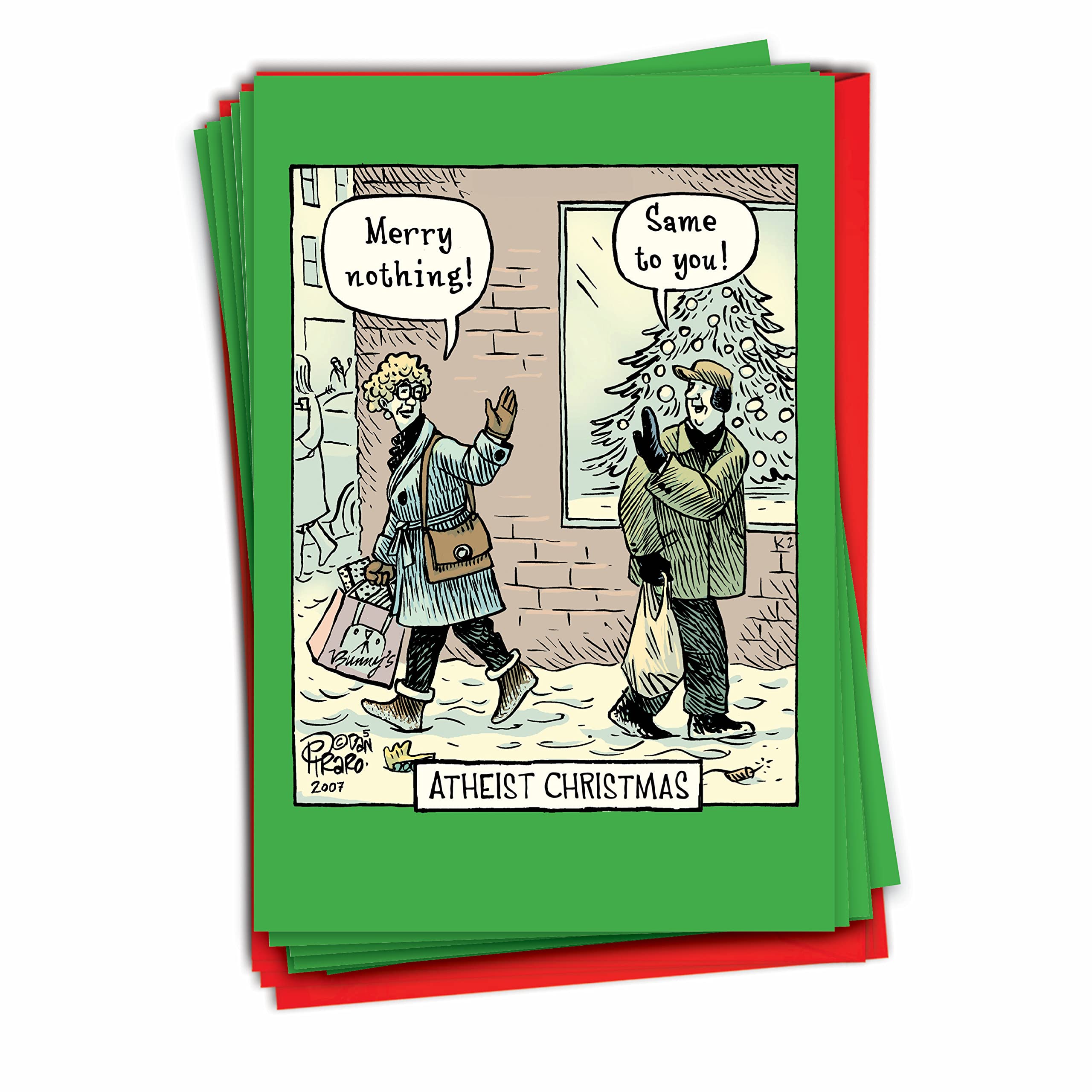 NobleWorks - Box of 12 Cartoon Christmas Cards Funny - Bulk Pack of Holiday Cards for Xmas, Humor Notecard Set (1 Design, 12 Cards) - Atheist Christmas B2513XSG