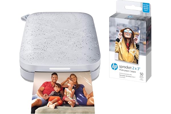 HP Sprocket 2x3" Instant Smartphone Photo Printer (White) and HP Sprocket 2x3" Premium Zink Sticky Back Photo Paper (50 Sheets)