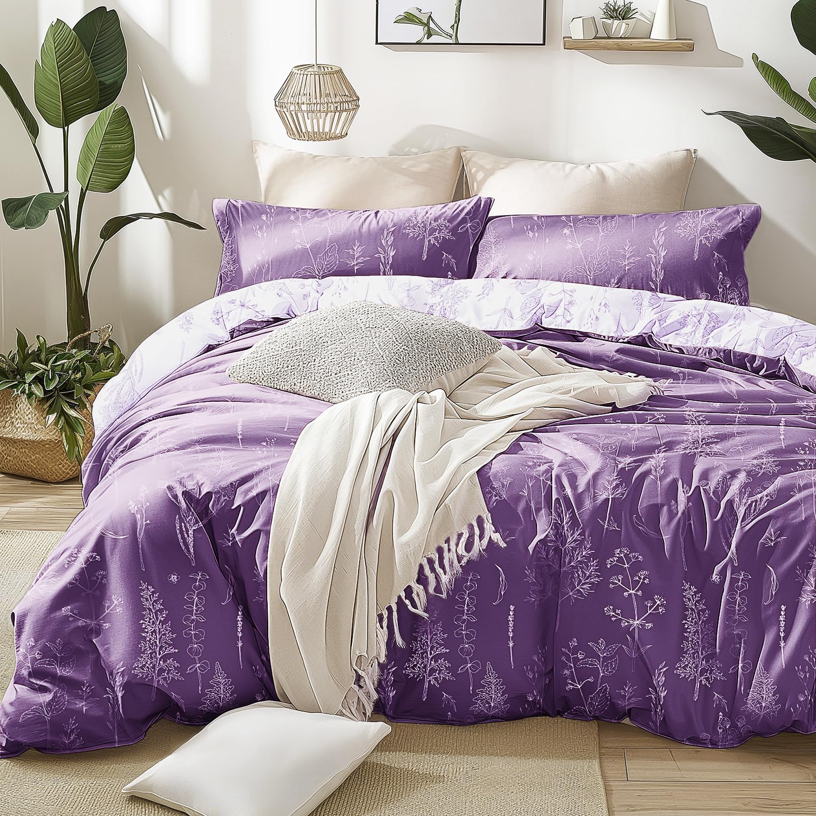 Photo 1 of Love's cabin Dark Purple Comforter Set Queen - Queen Size Comforter Set, 3 Pieces Cute Floral Bedding Sets for All Seasons,1 Soft Reversible Botanical Flowers Comforter and 2 Pillow Shams