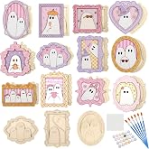 Amazingspark 24 Set Halloween Crafts for Adults DIY Wood Ghost Frames | Unfinished Ghost Frames, with Paint Colors Brush Glue, Wood Ghost Frames for Halloween Spooky Home Classroom Decor