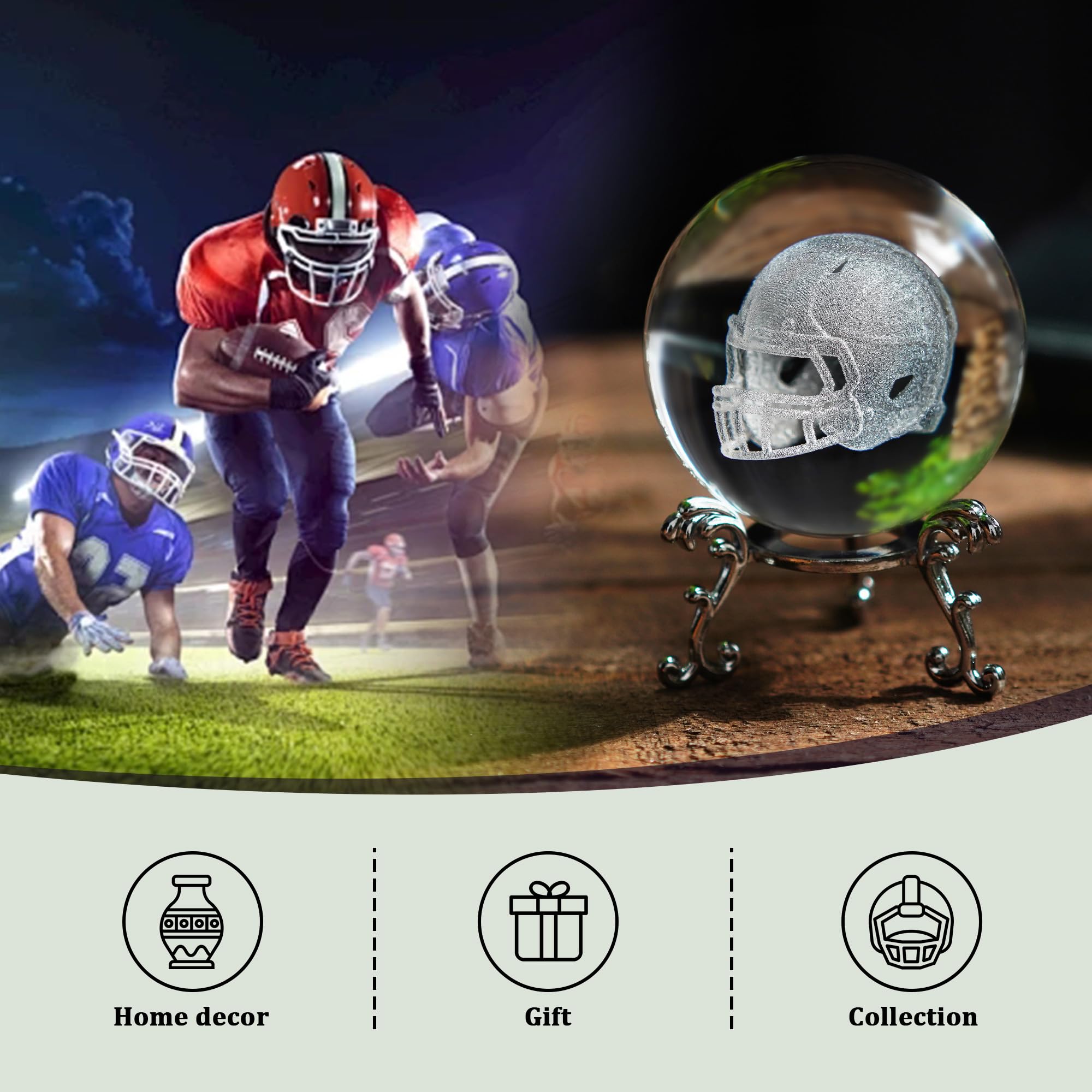 HDCRYSTALGIFTS 3D Laser Engraved Crystal Ball Paperweight with Silver-Plated Flowering Stand Handmade Decorative Ball Glass Full Sphere Home Decor Gift (2.36inch,Rugby Helmet)