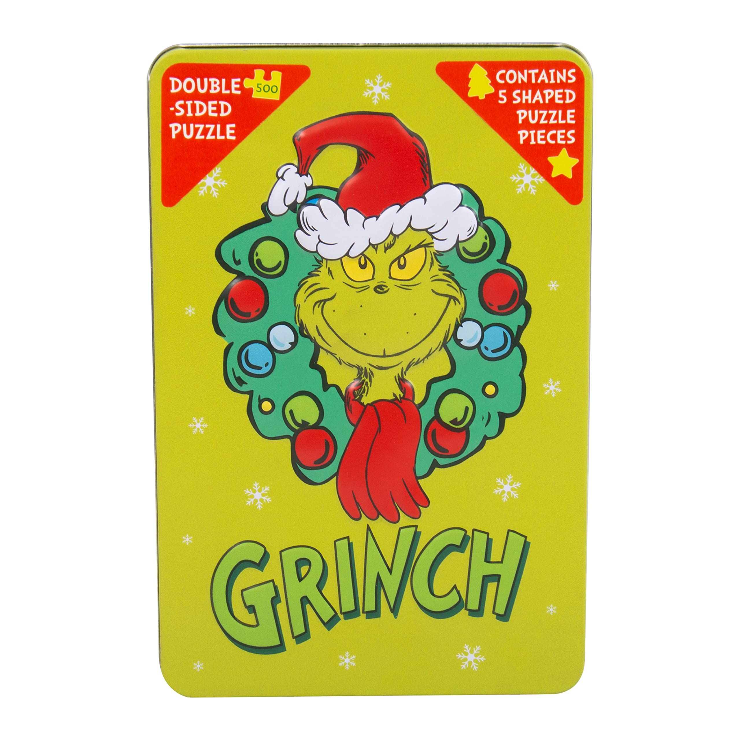 The Grinch Double Sided Jigsaw Puzzle in a Tin. The Grinch 500 Piece Christmas Jigsaw in Embossed Tin. Officially Licensed The Grinch Merchandise.