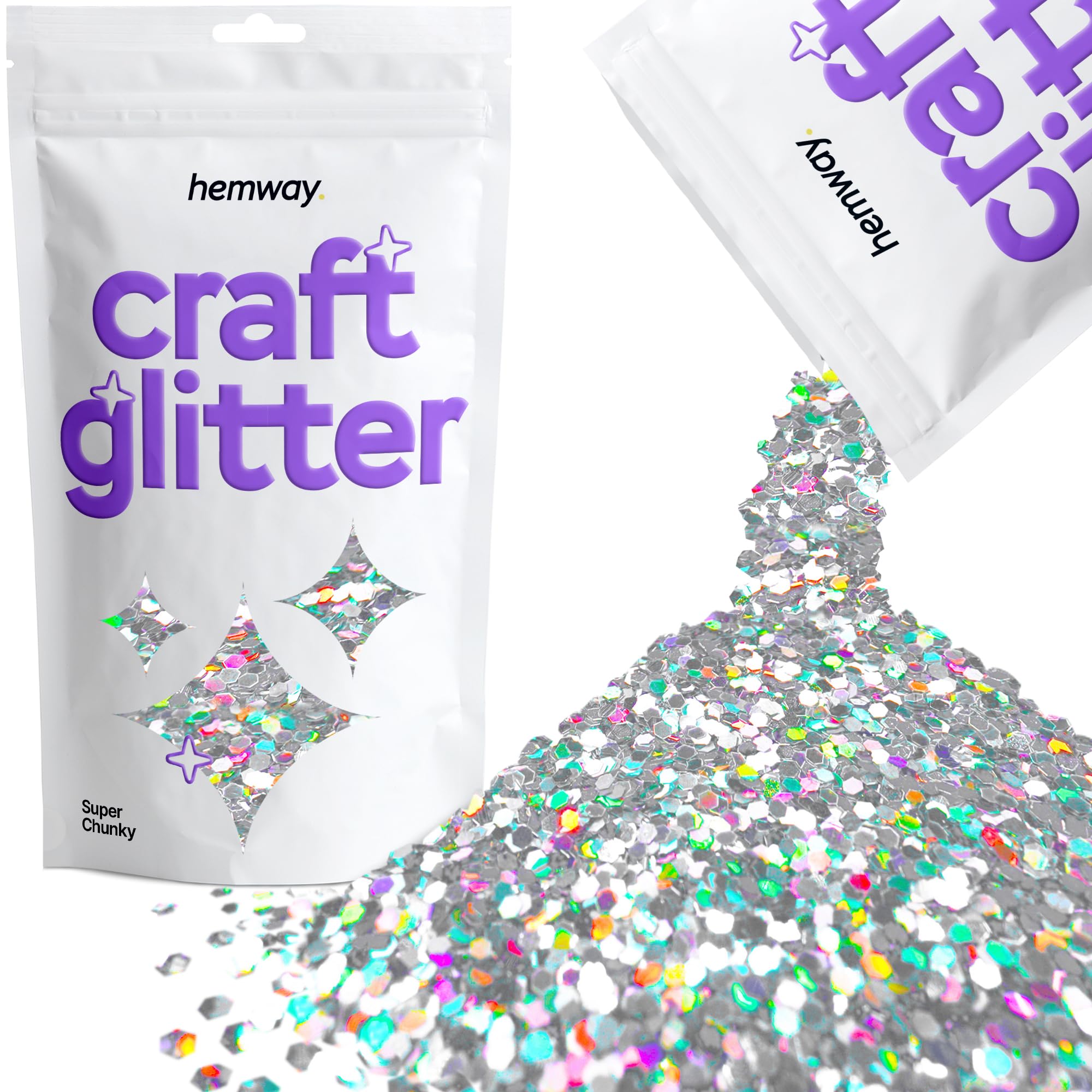 Hemway Craft Glitter Silver Holographic 100g Super Chunky Glitter for Crafts, Resin, Cosmetic, Nail, Face, Body, Festival, Tumblers, Art, Candle, Crafting