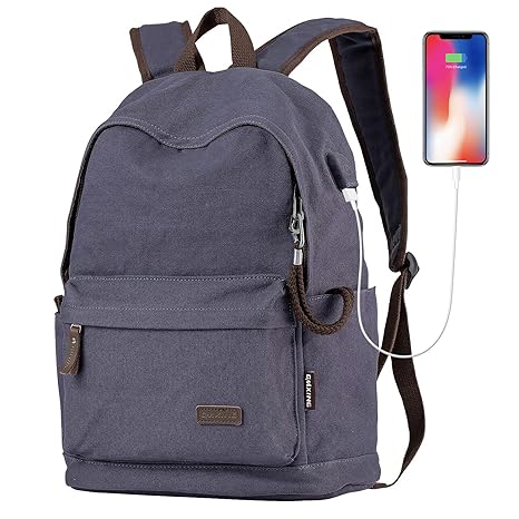 Cmxing Canvas Rucksack Anti-Diebstahl Backpack mit USB Ladeport Schulrucksack mit dem Metall Reißverschluss-Kopf Laptoprucksa