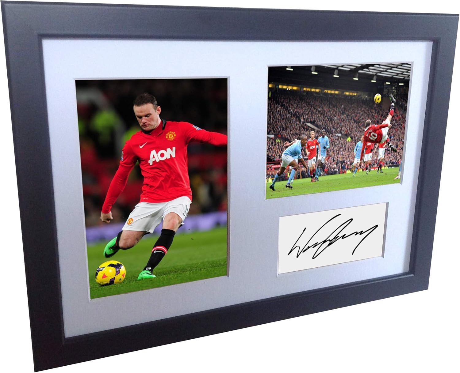 Photographs - Signed Black Soccer Overhead Goal vs Man City Wayne Rooney Manchester United Autographed Photo Photographed Picture Frame A4 12x8 Football Gift